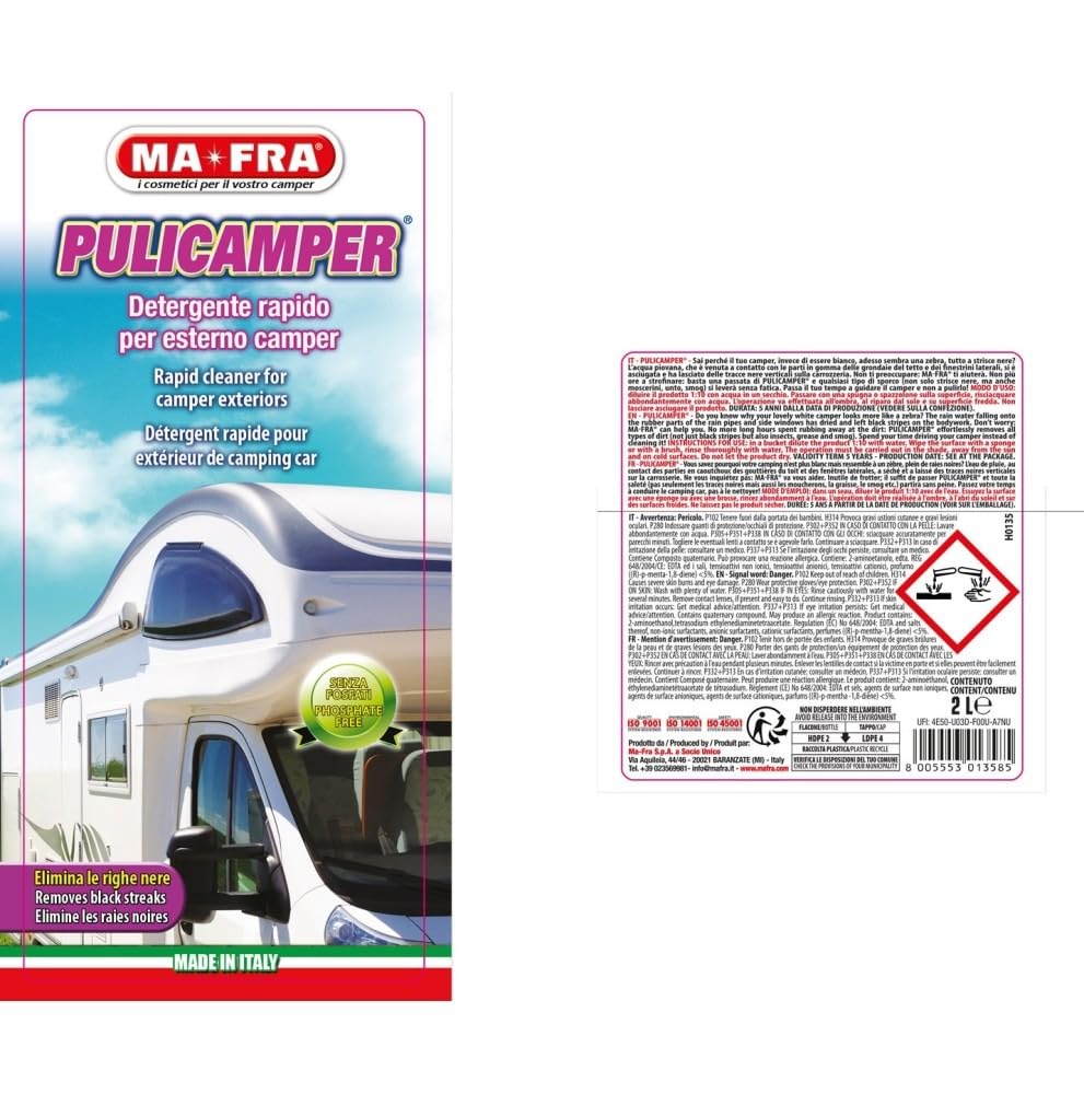 Ma-Fra Pulicamper 2 Pezzi Formato 4 Litri – Detergente Camper Esterno, Elimina Righe Nere, Smog, Moscerini e Sporco Ostinato, Sicuro su Vetroresina e Alluminio - Confezione da 4 Litri 2 Pezzi