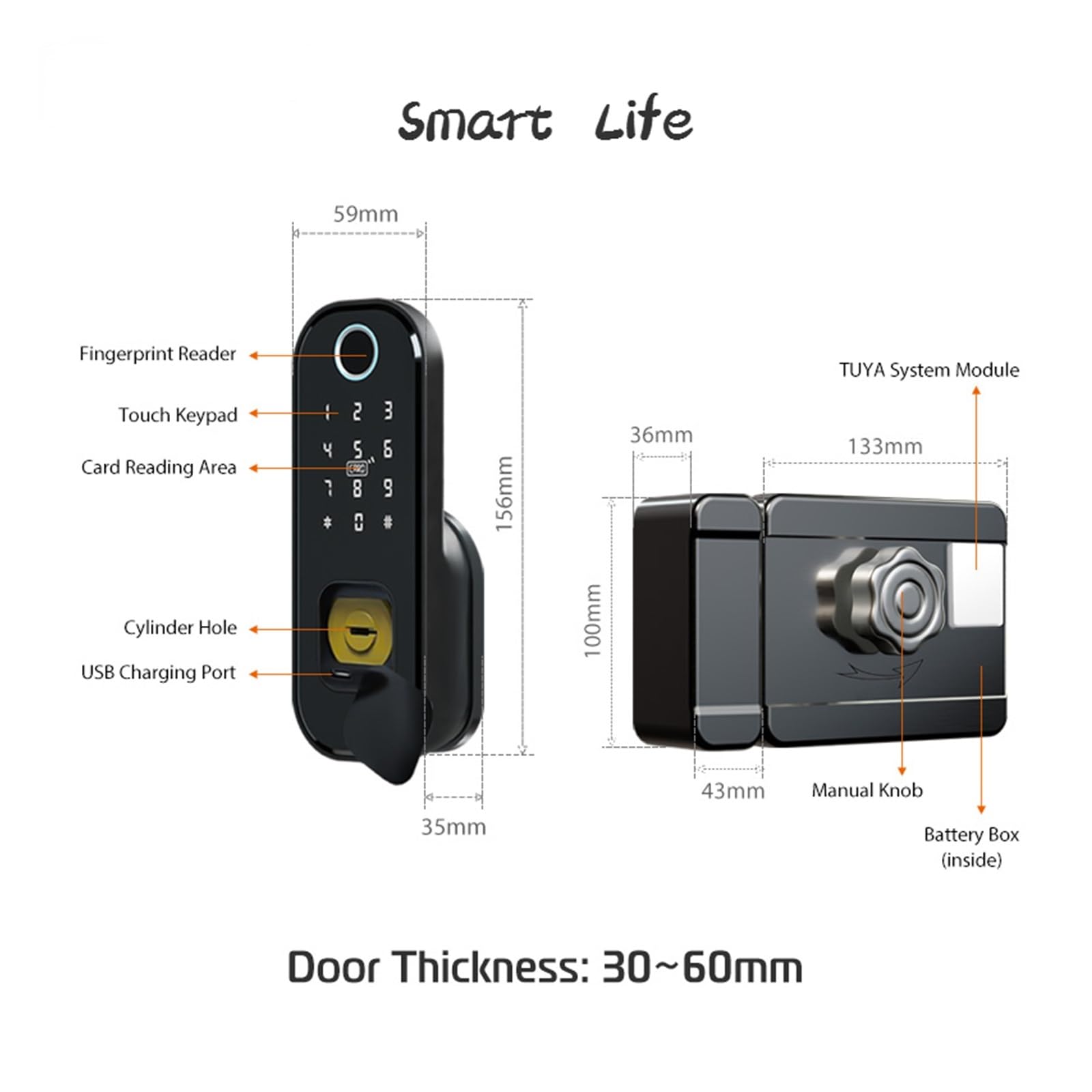 Inteligentne drzwi wejściowe， Tuya APP Smart Lock Wodoodporny zamek z czytnikiem linii(Tuya App)