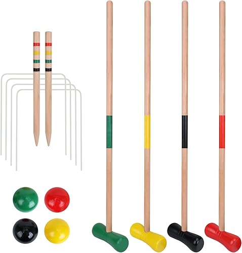 GOTHINK Juego de croquet para 4 jugadores con bolas de madera para adultos y niños, juegos de verano al aire libre para escuela, campo, día de