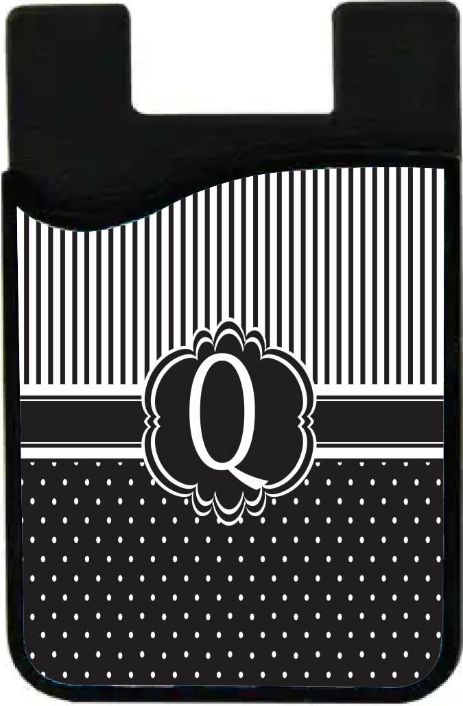 Island Gifting - Letter Q Monogram - Damask Dots Black on White Design - Stick-on ID Card Holder for iPhone/Galaxy/Google Android Cases, Q-BlackDam, cell-sleeve-mas-335