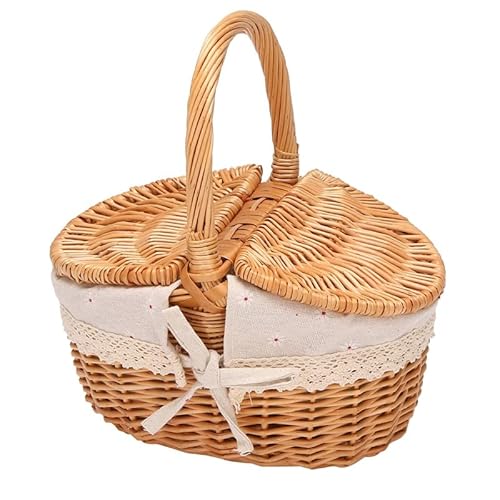 Lobamop Handgemachte Weiden Korb mit, Wicker Camping Picknick Korb mit Doppel Deckel, Einkaufskorb Korb mit Stoff Bezug