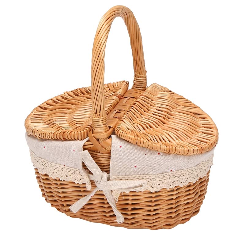 Handgemachte Weiden Korb mit, Wicker Camping Picknick Korb mit Doppel Deckel, Einkaufskorb Korb mit Stoff Bezug