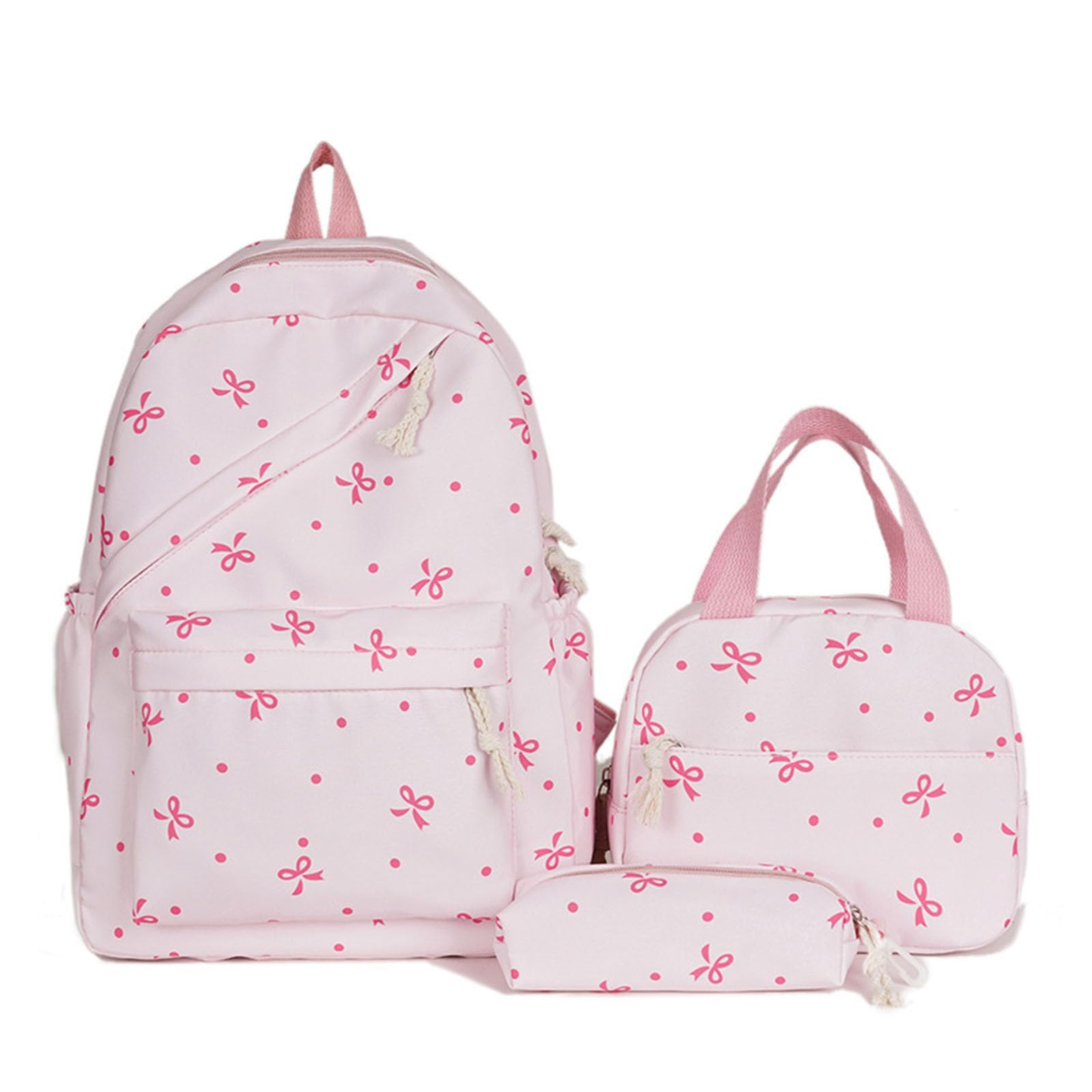 Uck-Kit Girls Pink Bow Backpack With Lunch Box 3Pcs Set For Aesthetic Daypack Bow Rucksack, Kawaii School Bags Floral Preppy Backpack With Insulated Lunch Tote And Pencil Pouch,