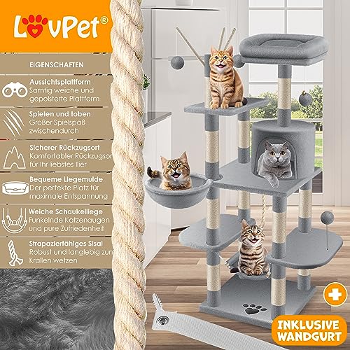 KESSER® Grattoir | Arbre à Chat XXL | Arbre d'escalade avec hamac, colonnes en sisal, Stable, abris, balles de Jeu, Jeu en sisal et Corde de Jeu, avec de Nombreuses possibilités de Jeux, Gris Clair - Image 3