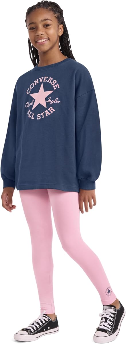 Converse Conjunto de 2 piezas de sudadera y leggings con cuello redondo y gráfico para niña
