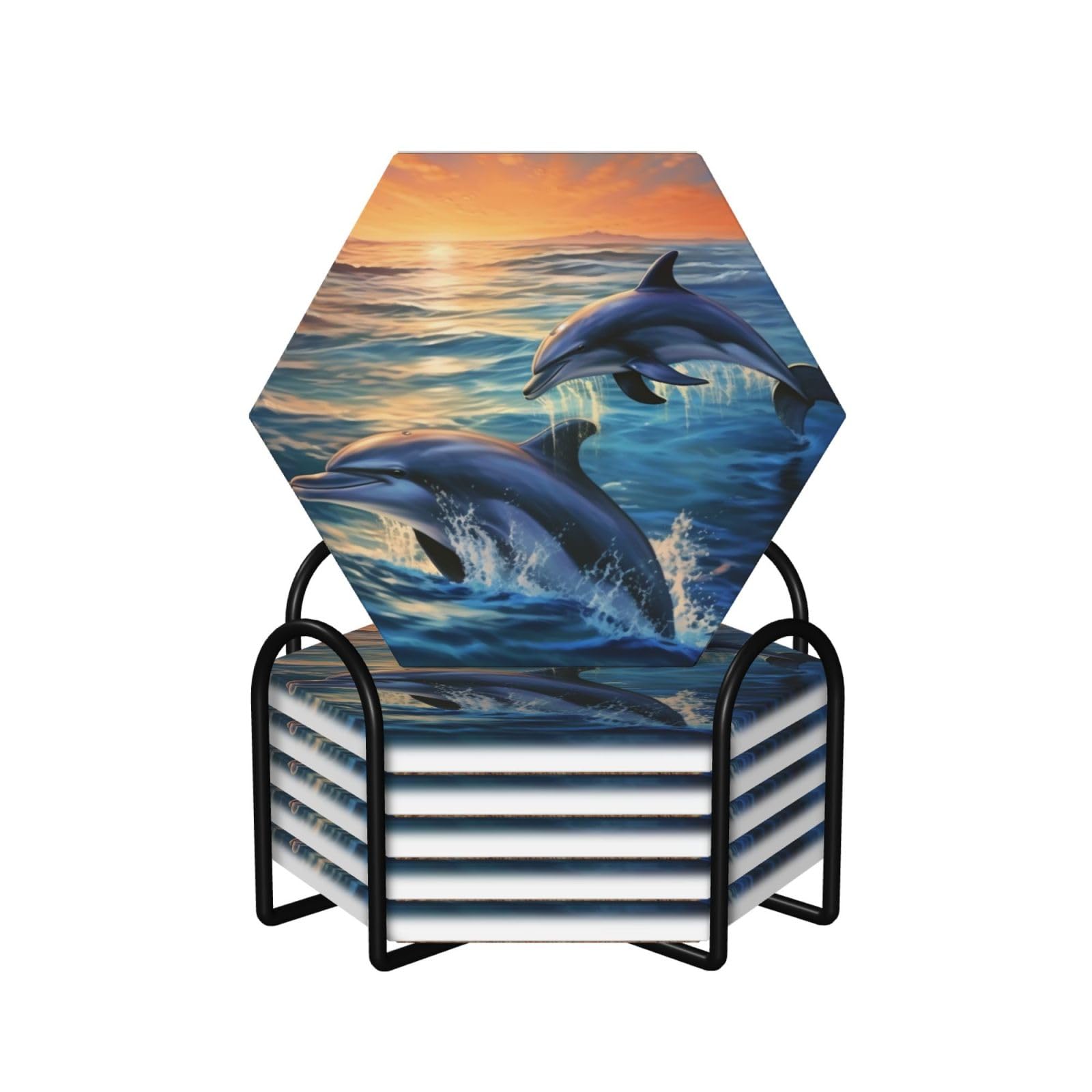 6Pcs Ceramics Coaster for Drinks, Dolphins in the sea Cup Coasters with Holder, Aesthetic Drink Coasters for Coffee Table, Absorbent Round Coaster for Tabletop Protection 4" Cup Mat Pad