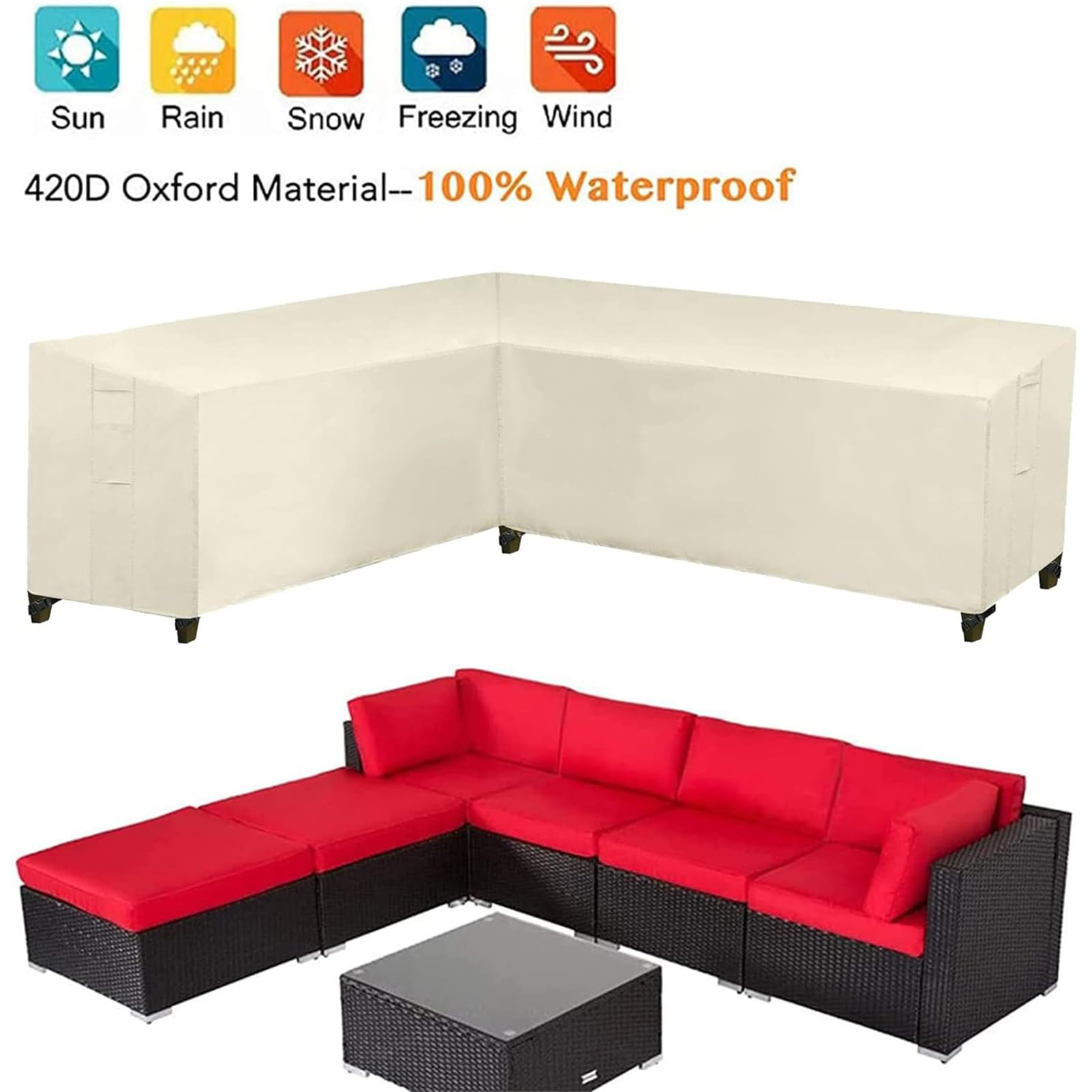 Copertura Divano Esterno A L, Impermeabile Copertura Divano a Forma di V, 420D Copridivano Angolare Esterno, Coperture per Divani da Giardino, Anti-vento, Anti-UV (270x270x90cm,Bianco)