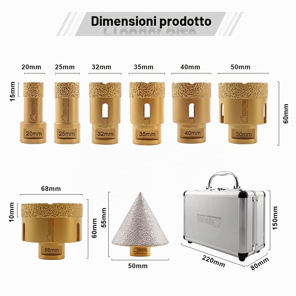 SHDIATOOL Punte diamantate M14 Filettatura 20/25/32/35/40/50/68mm / 50mm Punte diamantate smussate sottovuoto per gres porcellanato Ceramica Granito Marmo