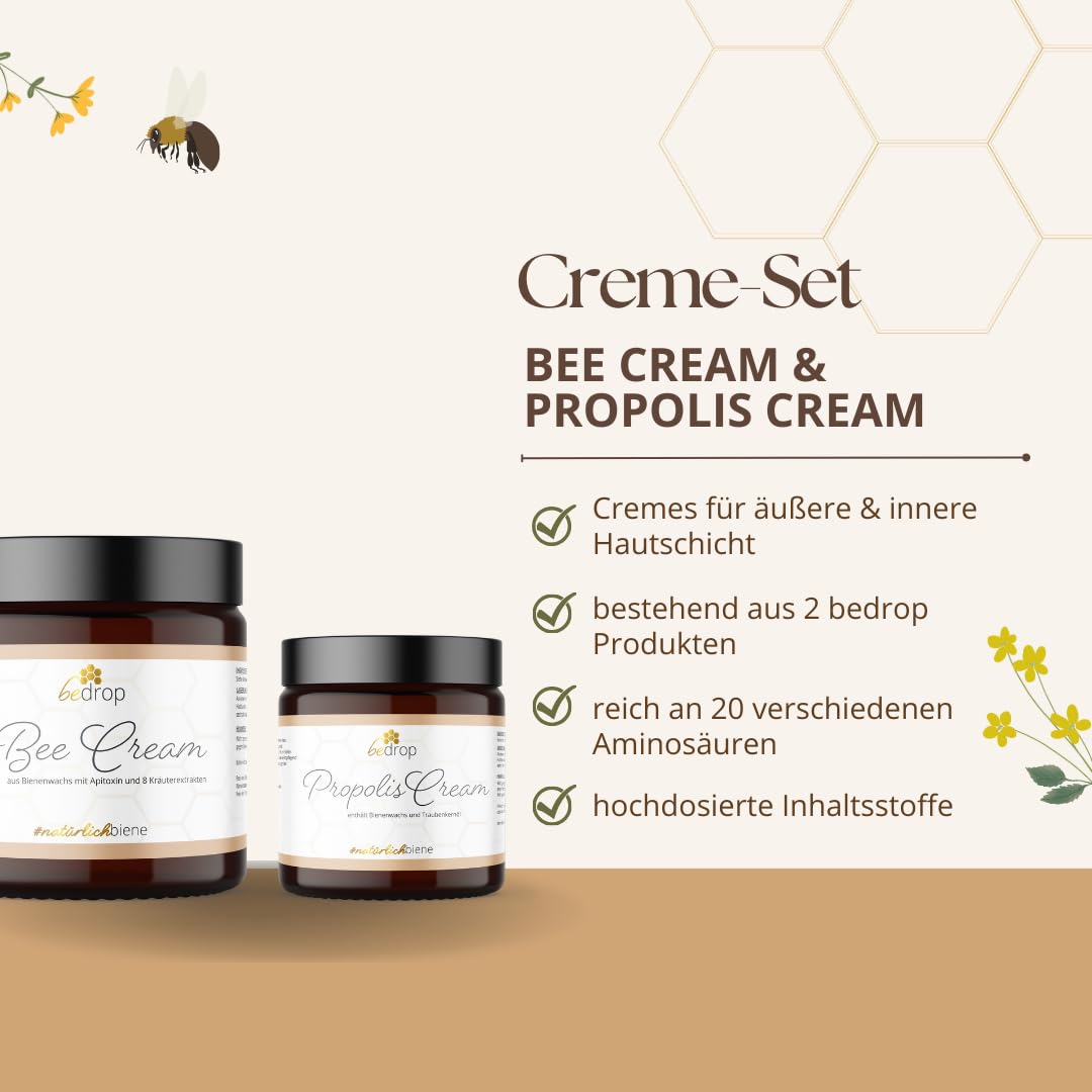 bedrop Creme-Set | Bee Cream (Bienengiftsalbe) 100g + Propolis Cream (Propolis Salbe) 60t im Sparset mit Traubenkernöl & 8 Kräuterextrakten
