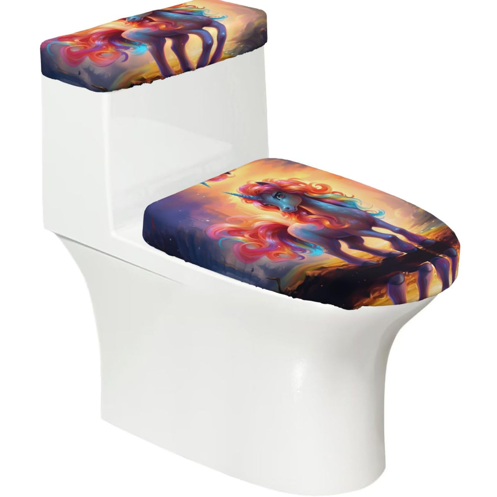 Mrowyc Black Rainbow Pony Printed Toilet Seat Set - Set Of 2 - Universal Toilet Seat Cover - Housewarming Birthday Christmas Gift