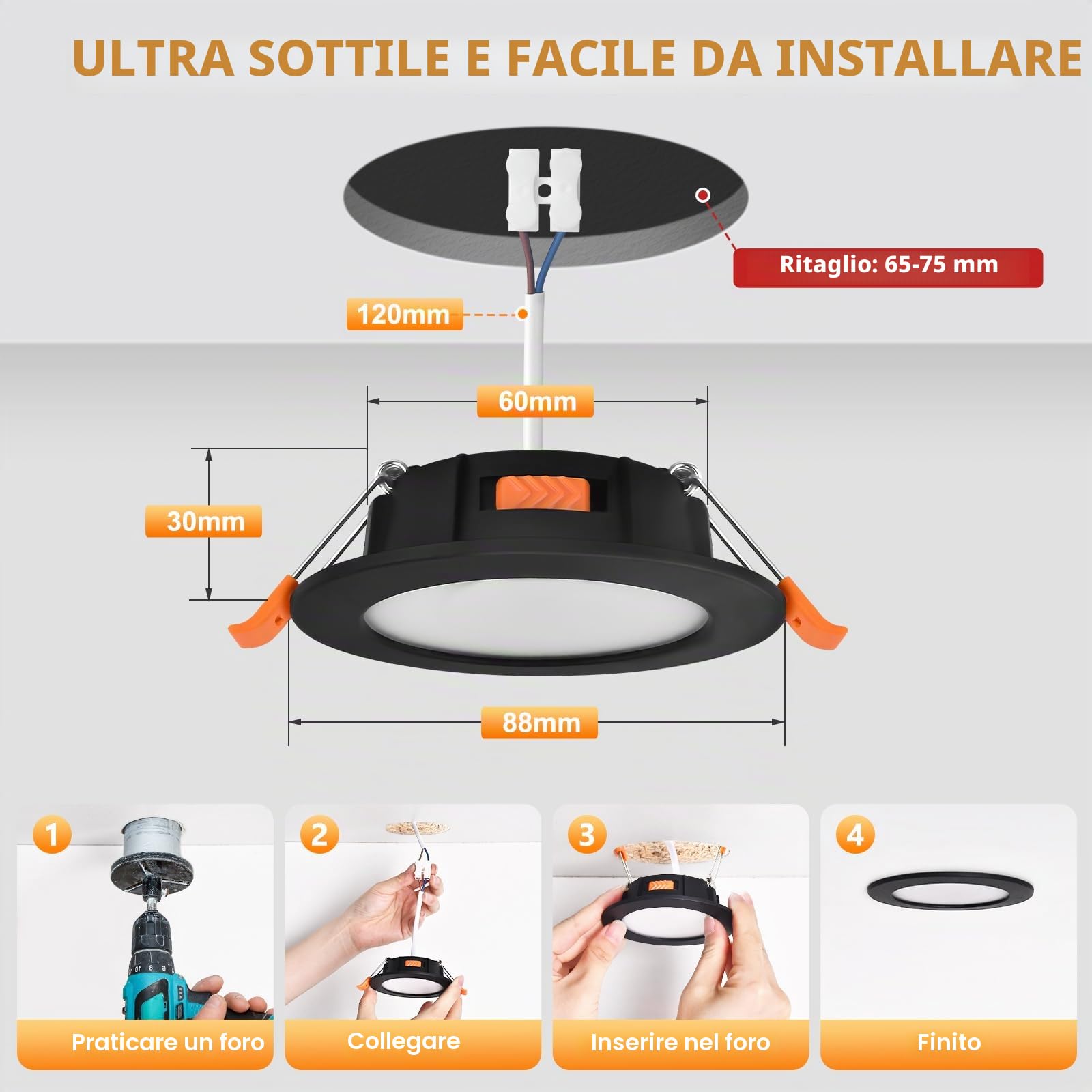 YindaLux Faretti Led da Incasso per Cartongesso, 5W 550LM IP44 Faretti LED Soffitto Dimmerabile, 3000K 4000K 6000K Regolabile Faretti da Incasso 230V Diametro Foro Ø65-75mm, Nero, Set di 10