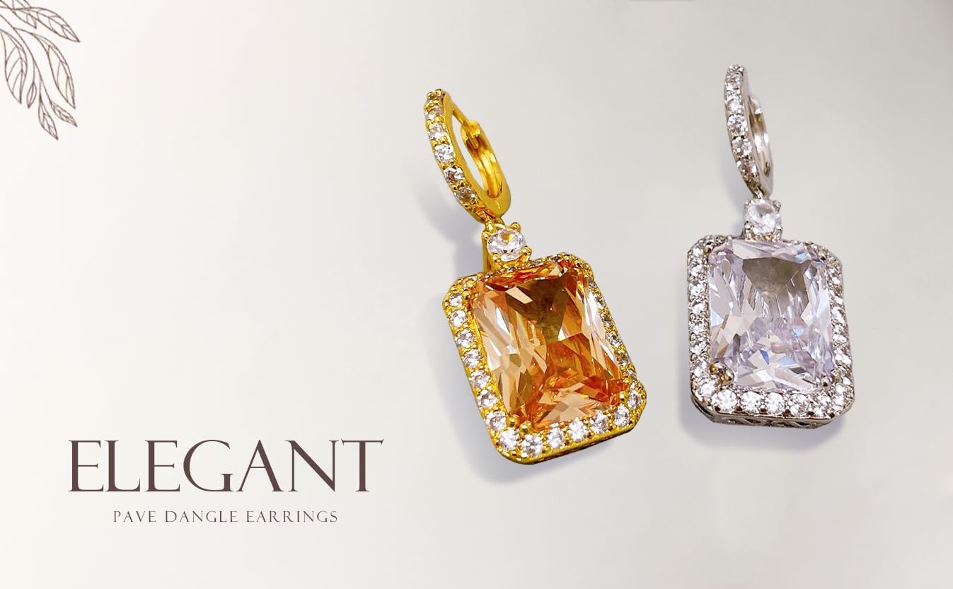 Statement Fashion 10CT Emerald Cut CZ Halo Dangle Huggie Dangle Earrings Prom Cubic Zirconia Gold Silver Plated - Image 5