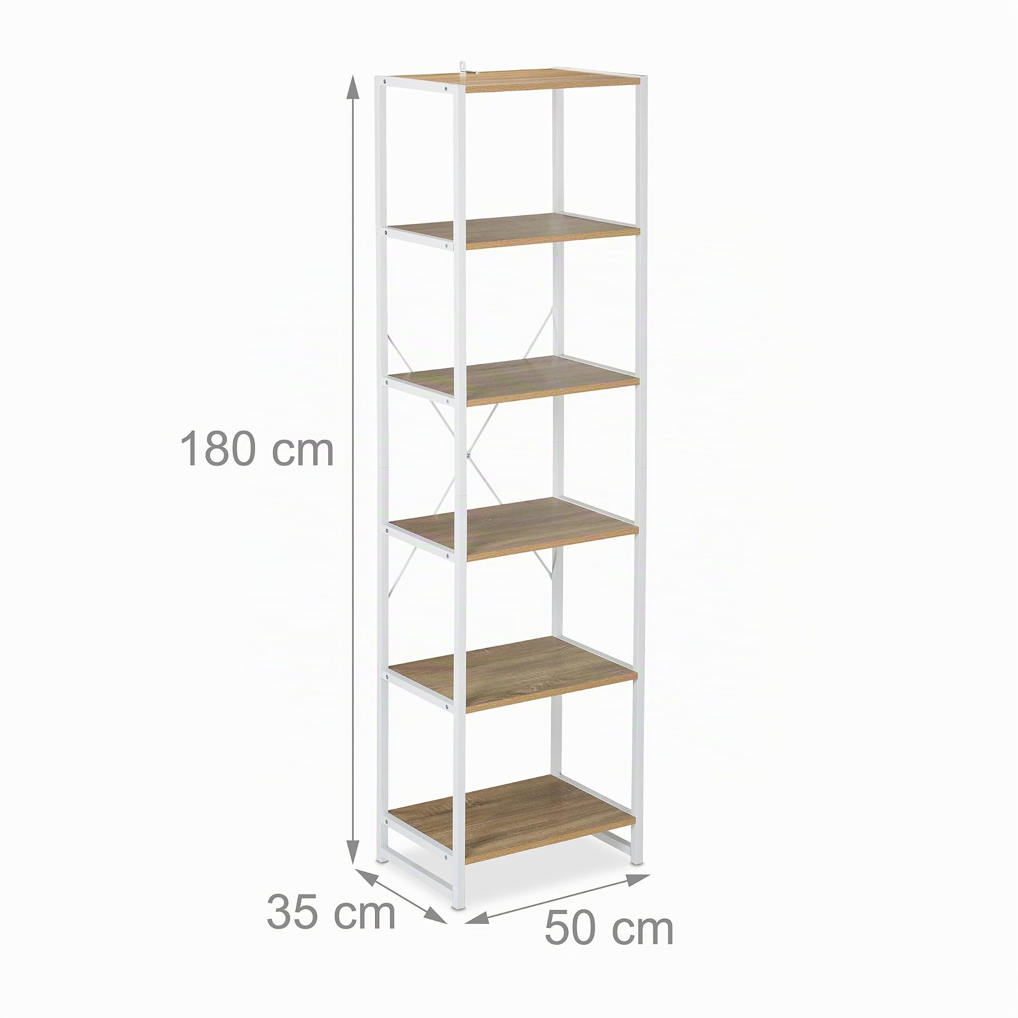 Relaxdays Estantería, 180 x 50 x 35 cm, 6 Baldas Abiertas, Librería Auxiliar para Salón, Cocina, Pasillo, Blanco/Natural