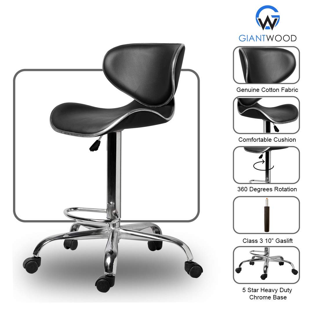 GiantWood PL Low High Bar Chair with Back Support Adjustable Height Kitchen Bar Stool Counter Chair with Wheels - Black