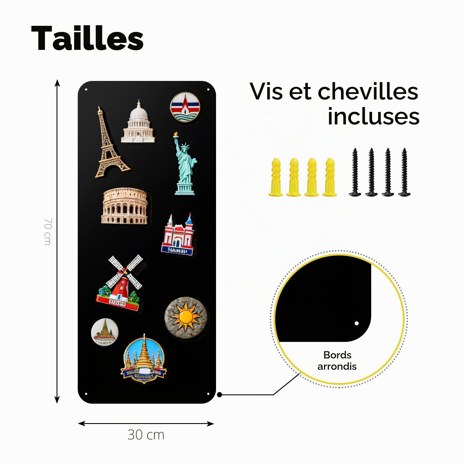 Tableau magnétique, noir, 30 x 70 cm, avec force magnétique puissante, pour photos et souvenirs, tableau magnétique mat pour salon, bureau, idéal pour les amateurs de voyage