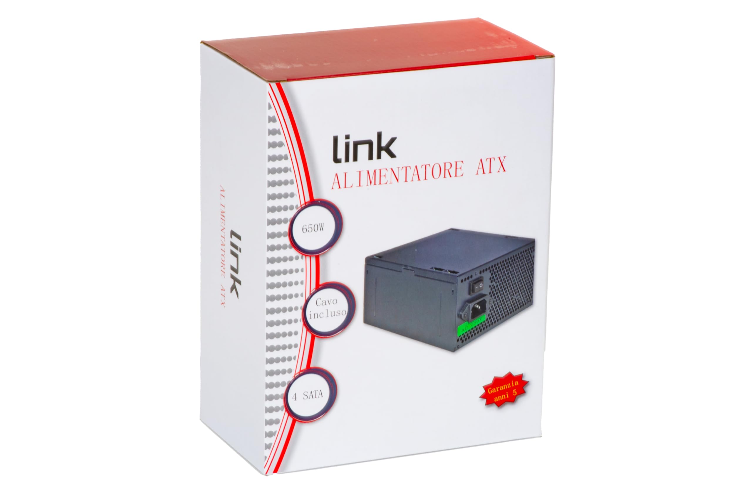 Link alimentatore PC STANDARD ATX 650 watt con ventola 120 mm e connettori 4 SATA 2 Molex 6 poli PCIE 8 poli CPU in metallo dimensioni compatte 25x25x15 cm confezione 10 unità