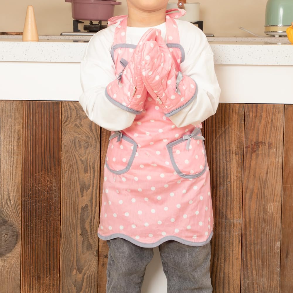 NEOVIVA Kids Apron and Kids Oven Mitts Set for Play Kitchen, Cute Polka Dots Toddler Kitchen Linen Set for Christmas Gift