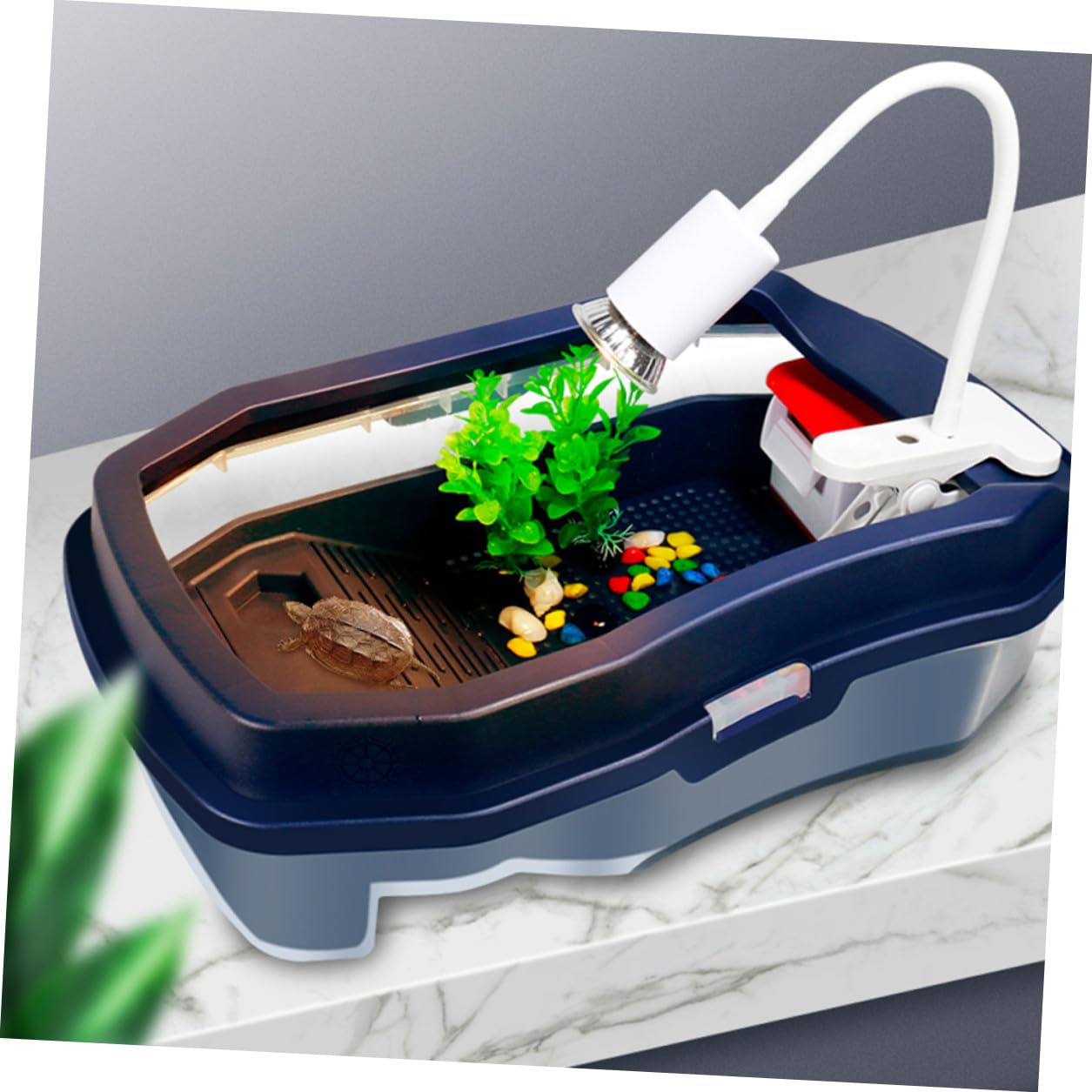 SHINEOFI Tanque para Tortugas Azul con Plataforma para Tomar Sol Doble Uso Agua y Tierra Terrario de Alimentación Resistente y Fácil de Limpiar para Mascotas Reptiles