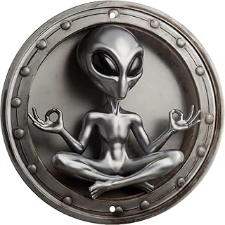 Alien Yoga Metal Wall Art Round Vintage Extraterrestrial Meditation Decorative Sign Home Decoration Unique Sci-Fi Theme De...