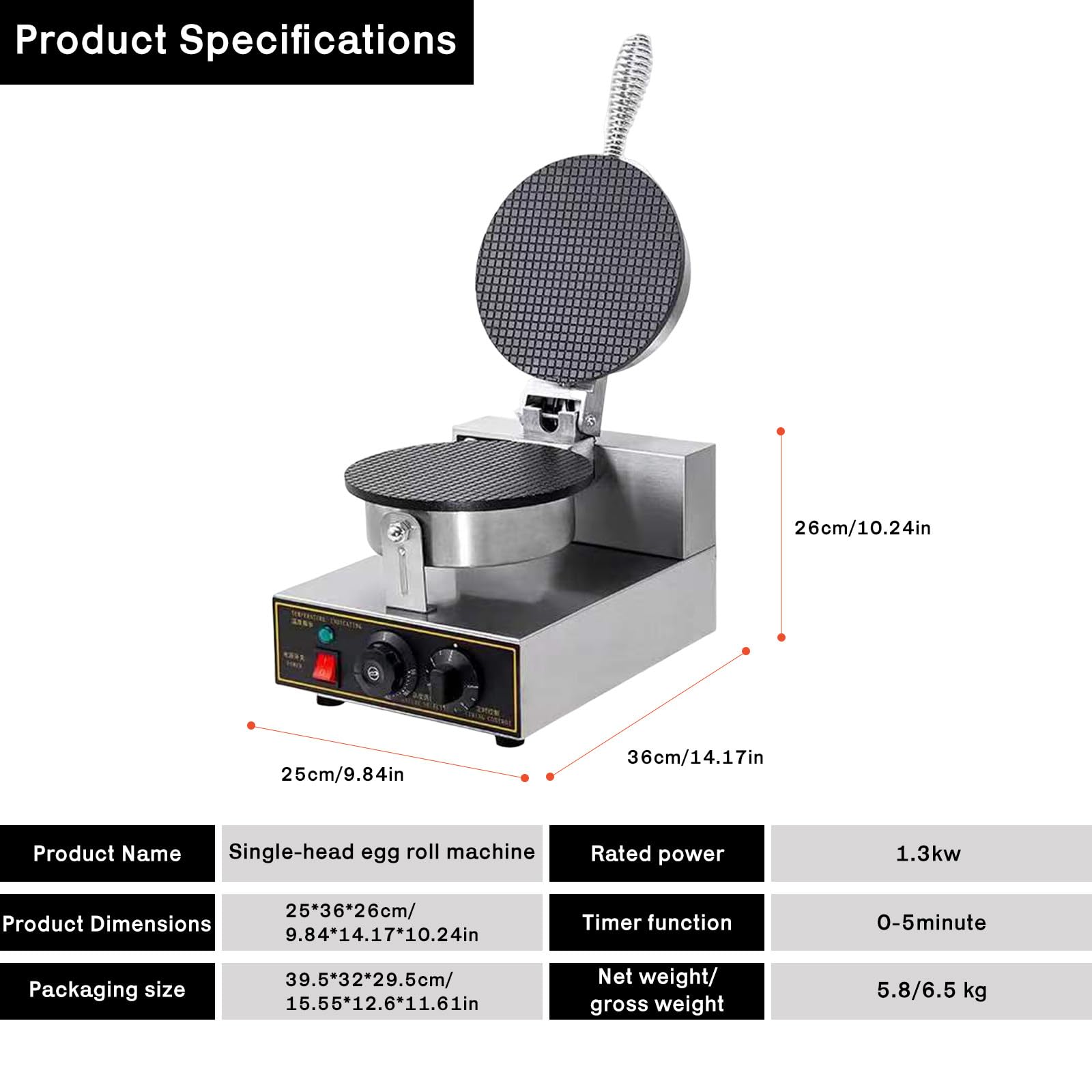 Máquina Profesional Para Hacer Conos De Gofre, Gofrera Eléctrica Comercial Con Calentamiento Uniforme Y Placas Antiadherentes Para Conos De Helado Y Postres Single-headeggrollcrepemachine