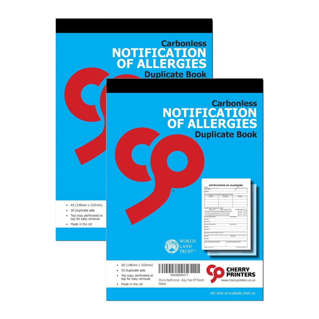 Cherry Printers Notification of Allergies Book A5 | Carbonless Duplicate Book with 50 Sets | Allergy Record for Schools | GP & Emergency Contact Details | Made in UK | Easy Tear-Off Sheets | 2 Pack