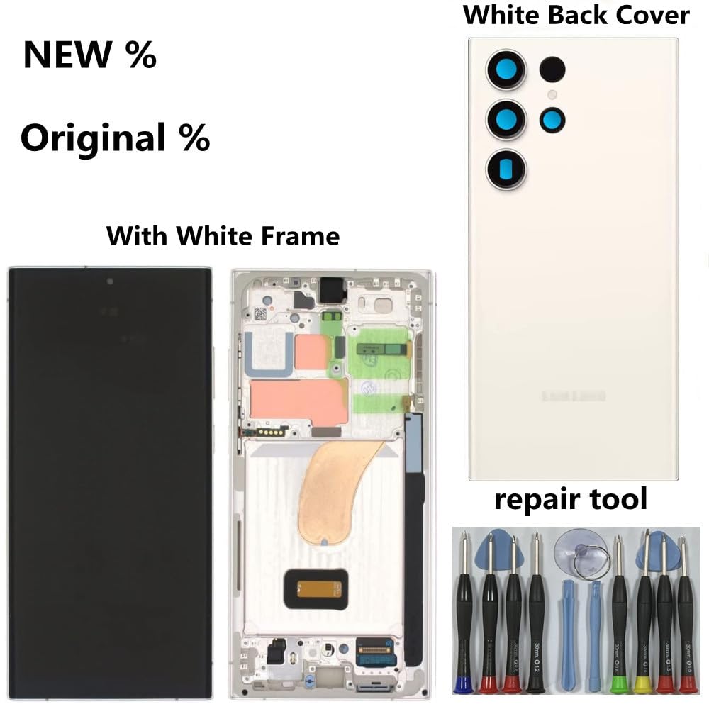 6,8 Inch AMOLED Origineel voor S23 Ultra, OLED LCD-scherm Touchscreen Digitizer Vergadering S23ultra 5G SM-S918U LCD-schermvervanging met Framereparatieset, Vingerafdruk