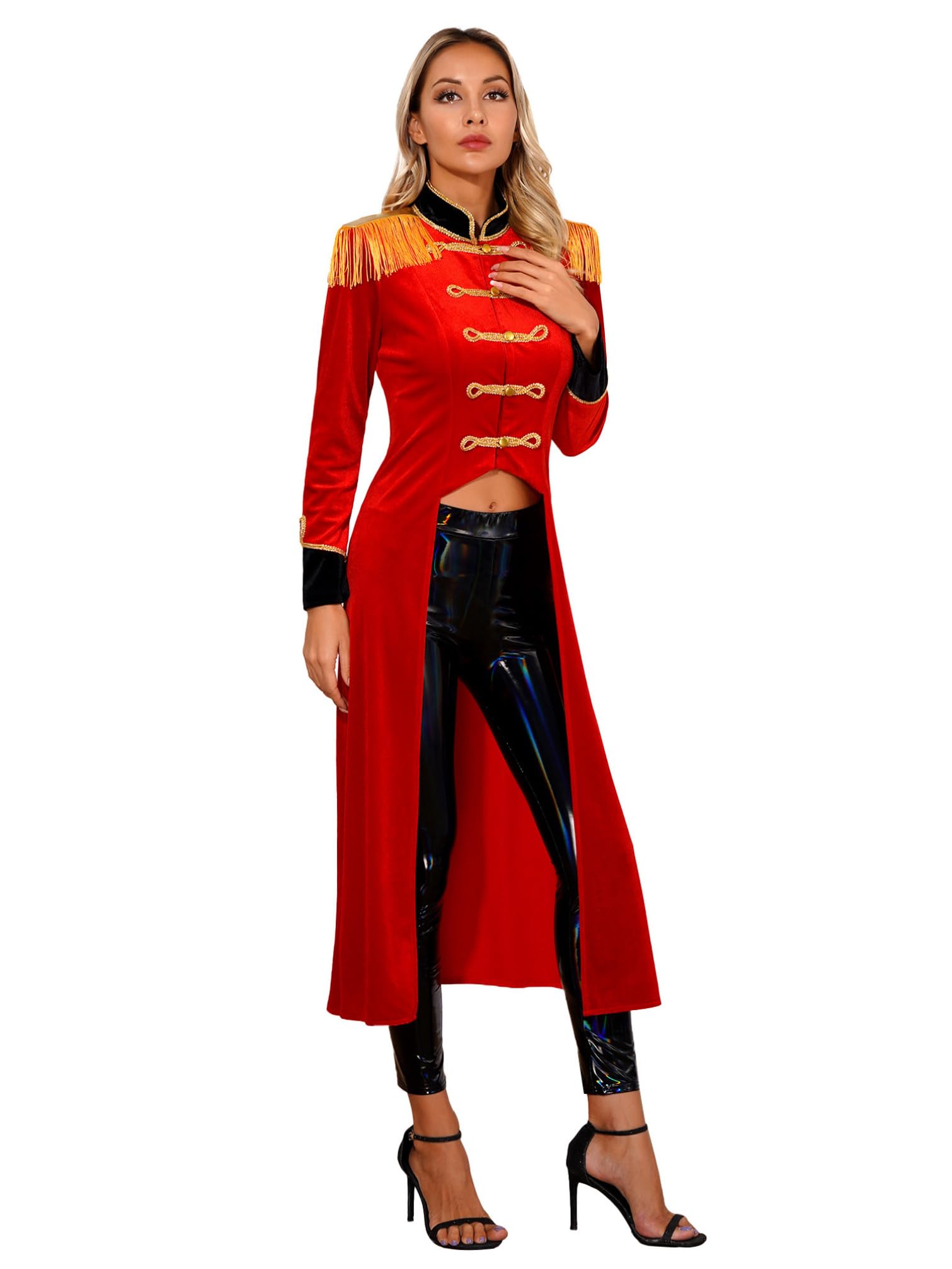 YiZYiF Costume Domatrice Circo Giacca da Circo da Donna Lungo Velluto Tailcoat Blazer Cappotto Smoking Costume Cosplay Festa di Halloween