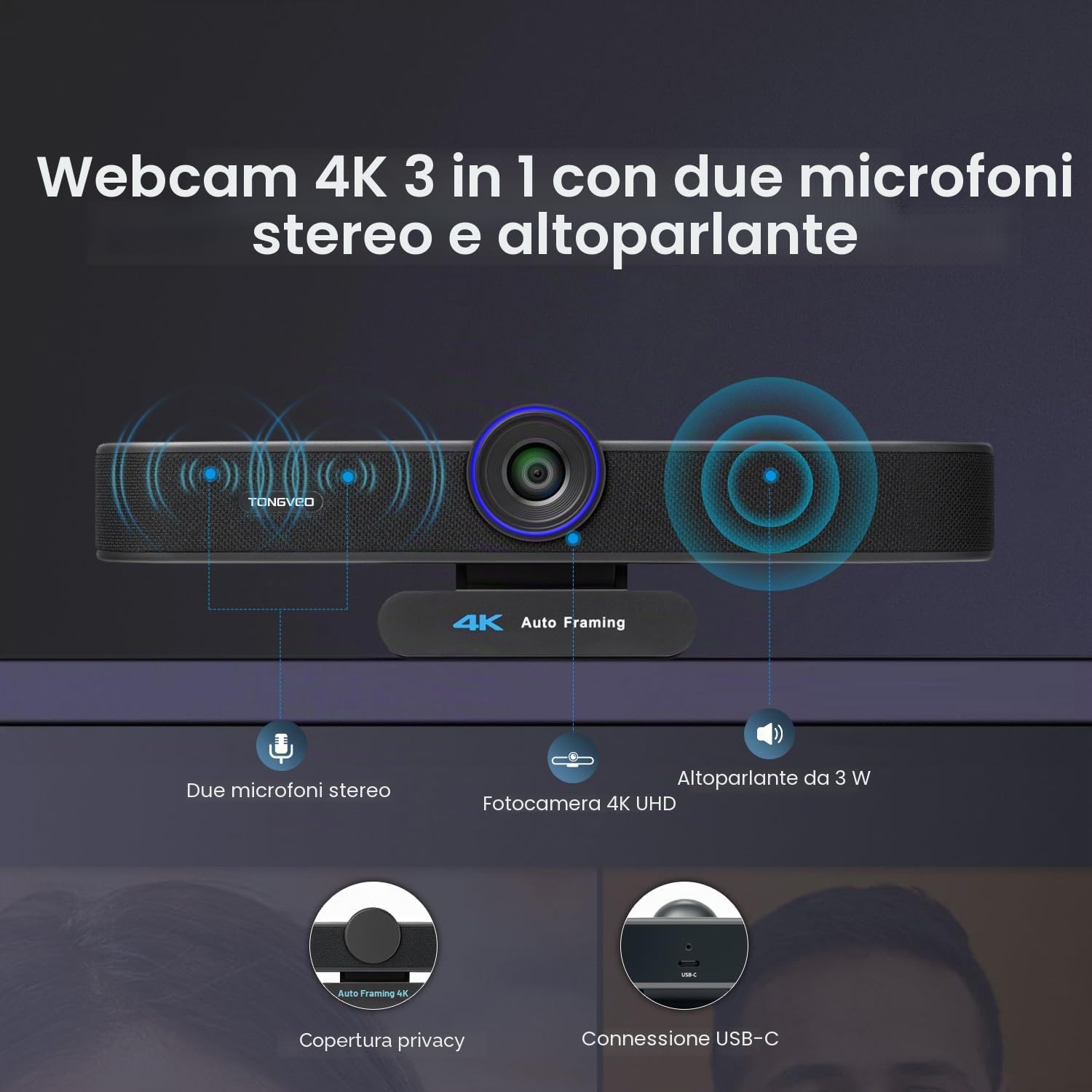 TONGVEO Webcam con zoom digitale 5x 4K con microfoni e altoparlanti, fotocamera ePTZ con telecomando e due microfoni, AI Auto Framing Webcam per conferenze Zoom, Skype, OBS, YouTube