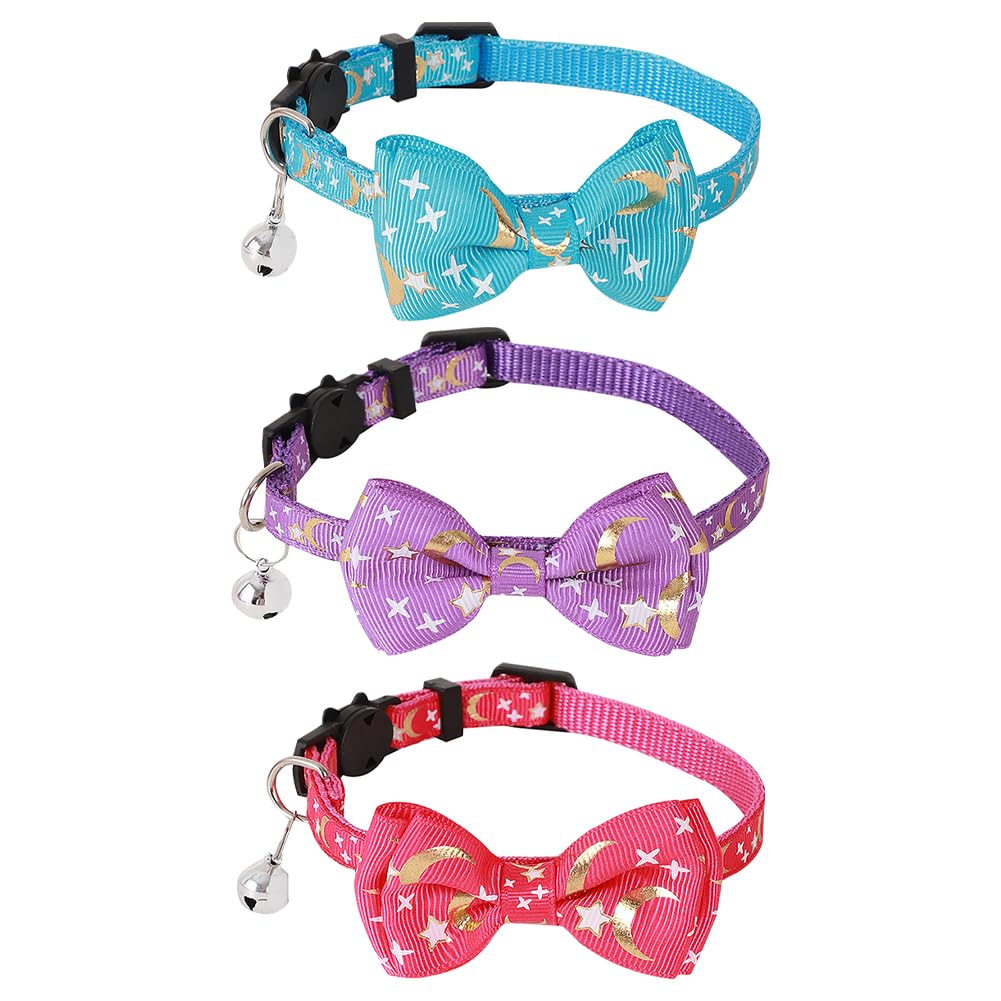 JIHUOO 3 Pcs Moon Star Cat Collars Kitten Bowtie Collar Small Dog Vow Ties with Bell Quick Release Safety Collars for Kitten Cats Hot Pink Purple Blue