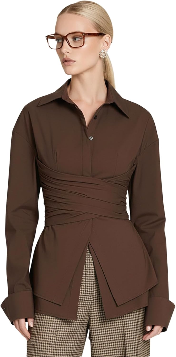 Women Fitted Button Down Shirt Cinched Waist Tops Cotton Long Sleeve Wrap Blouse Stylish Dressy Casual Outfit 2025