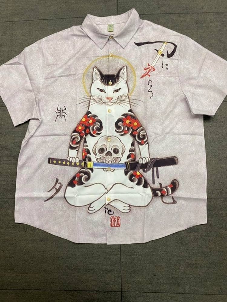 Amazon.co.jp: 刺青猫 オシャレ和柄アロハシャツ 刃スカル