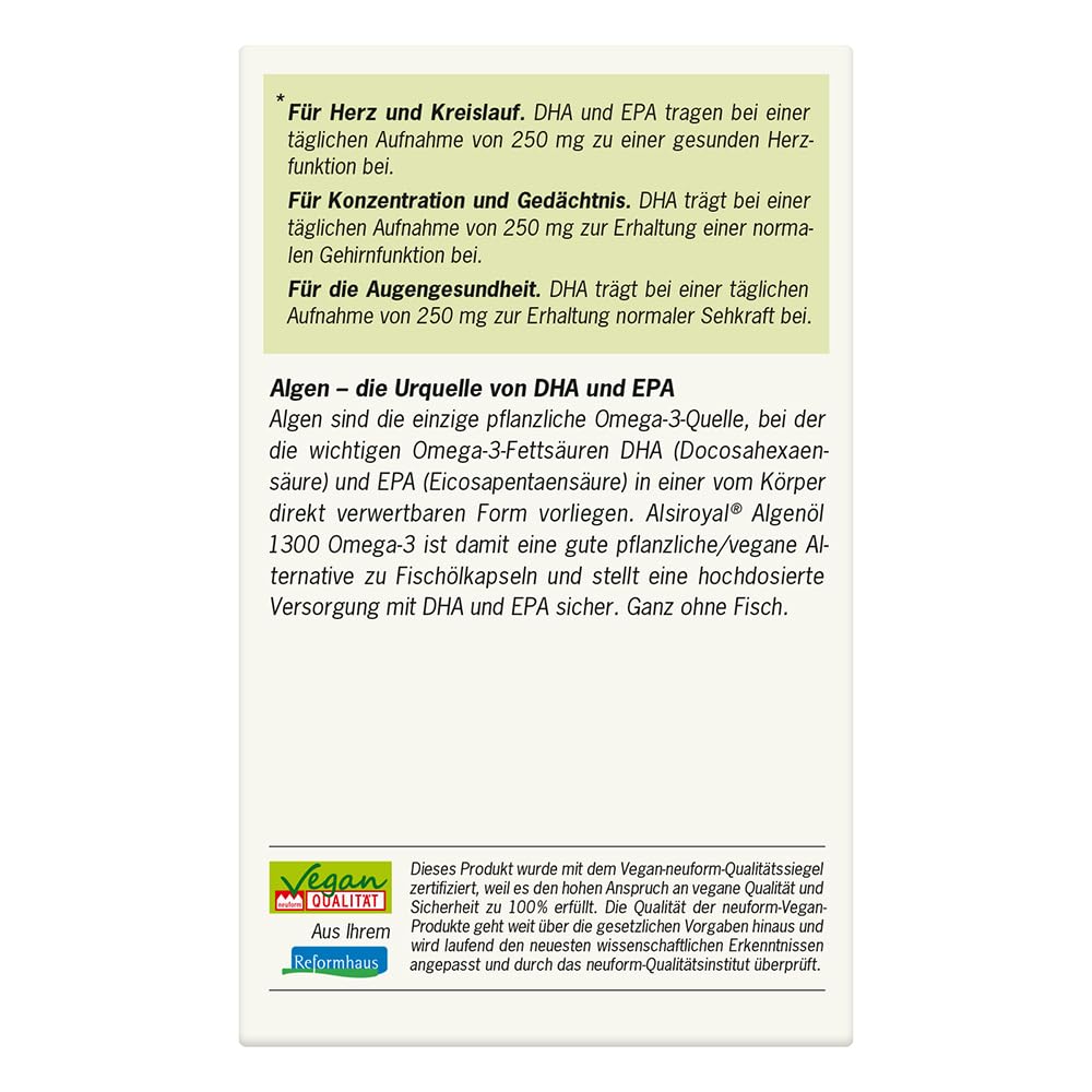 Alsiroyal Algenöl 1300 Omega-3 · hochdosiert 420mg DHA+250mg EPA pro Kapsel | 55% pflanzliches Omega-3 · vegane Alternative zu Fischöl · top Geschmack · stark für Herz, Augen, Gehirn · laborgeprüft