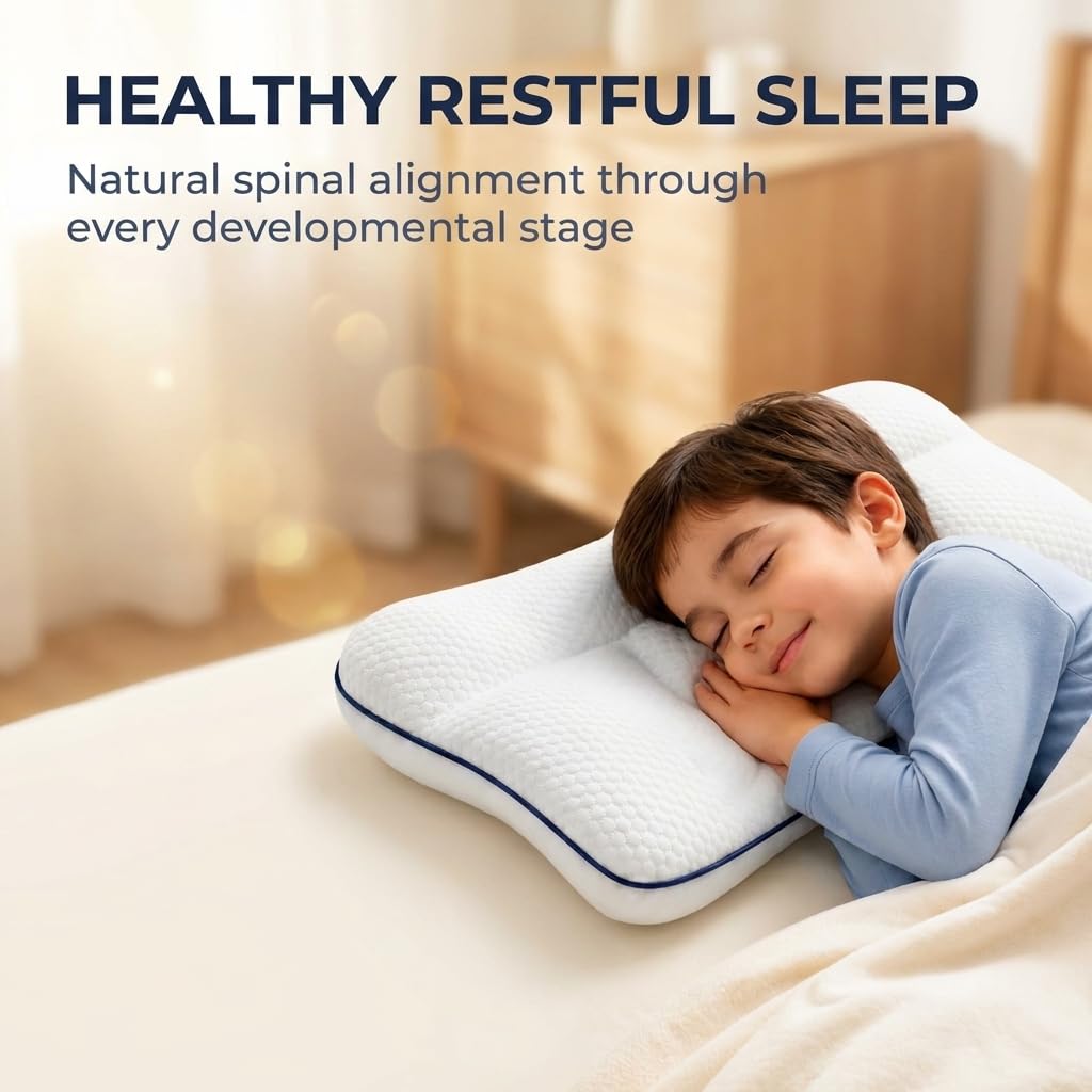 Oreiller Enfant, Oreiller Ergonomique Enfant De Soutien Lombaire 5 Zones, Pour les enfants de 3 à 18 ans, convient aux dormeurs sur le côté, le dos ou le ventre (A + Housse de coussin A,3-9 ans)