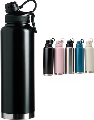 GARRAFA TÉRMICA GRANDE 1.5 LITROS, QUENTE, FRIO, INOX DUPLA PAREDE, CAFÉ ACADEMIA TRABALHO (PRETO)