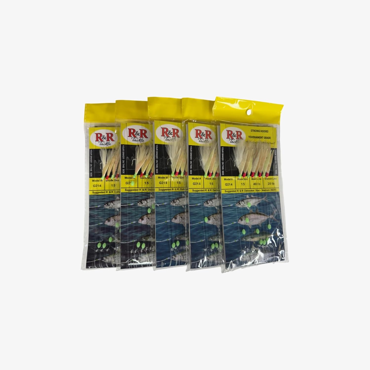 GI-14-5pk Bait Rig – 8 Size 15 Hooks with Red & Vivid Green Heads, White Feathers & Natural Fish Skin – 40lb Mono Main Line, 20lb Branch – for Goggle Eyes, Speedos & Bonitos
