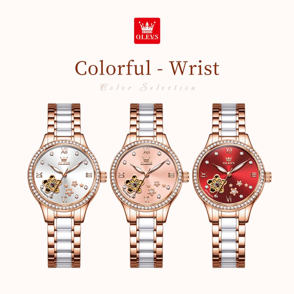OLEVS Orologio automatico da donna in acciaio inossidabile con diamante a carica automatica, orologio luminoso e impermeabile