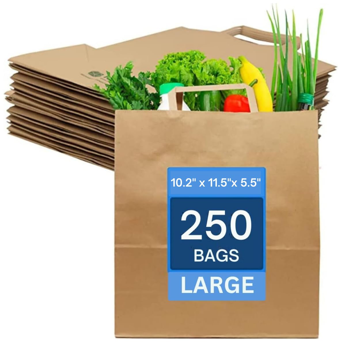 Mega Packaging Brown Paper Bags With Handles - 250 Large Paper Bags (W10" X H12" X D5.5") Large Sos Kraft Bags - Perfect For Lunch, Party, Gift, Storage, Packaging, Cake, Grocery, Sandwich & Take-Out