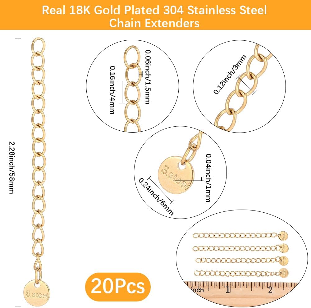 Beebeecraft 1 Box 20Pcs Curb Chain Extender 18K Gold Plated 304 Stainless Steel 58mm Extension Chains with Flat Round Charm for Necklace Bracelet Anklet Jewelry Making DIY Craft