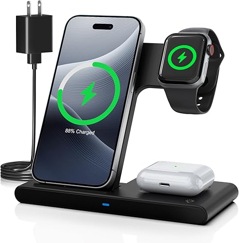 Cargador de estación 3 en 1 de carga inalámbrica soporte de cargador de escritorio de viaje, múltiples dispositivos compatibles con Apple iPhone 16e