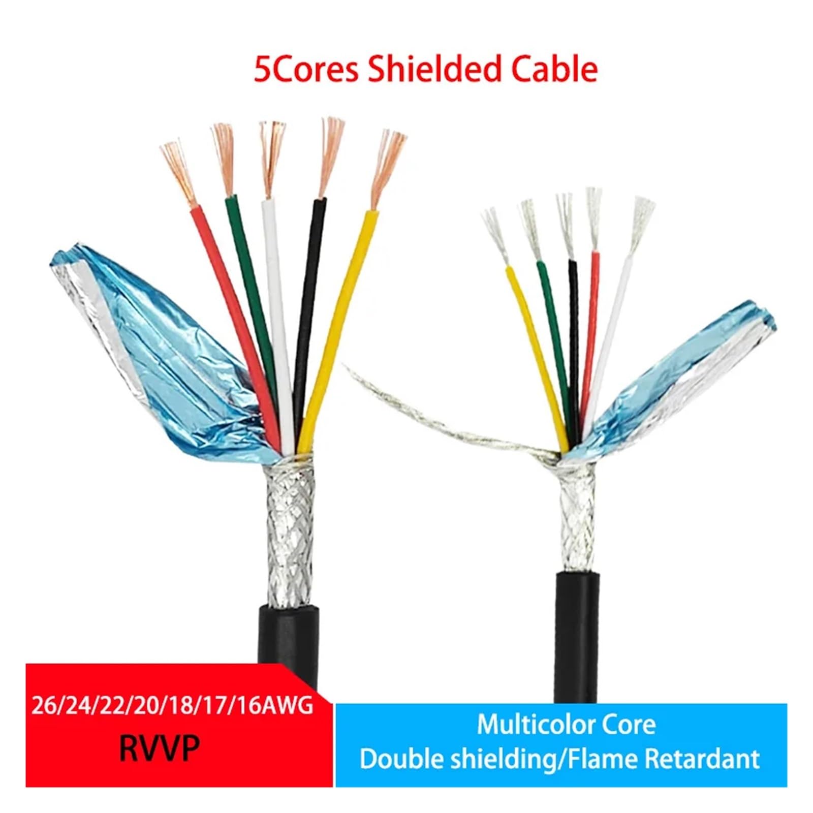 Cavo di segnale schermato, Cavo schermato RVVP a 5 conduttori 26-16AWG 1/5/10 metri Segnale di controllo audio in rame PVC nero(10 Meters,5CORES-18 AWG 0.75MM2)