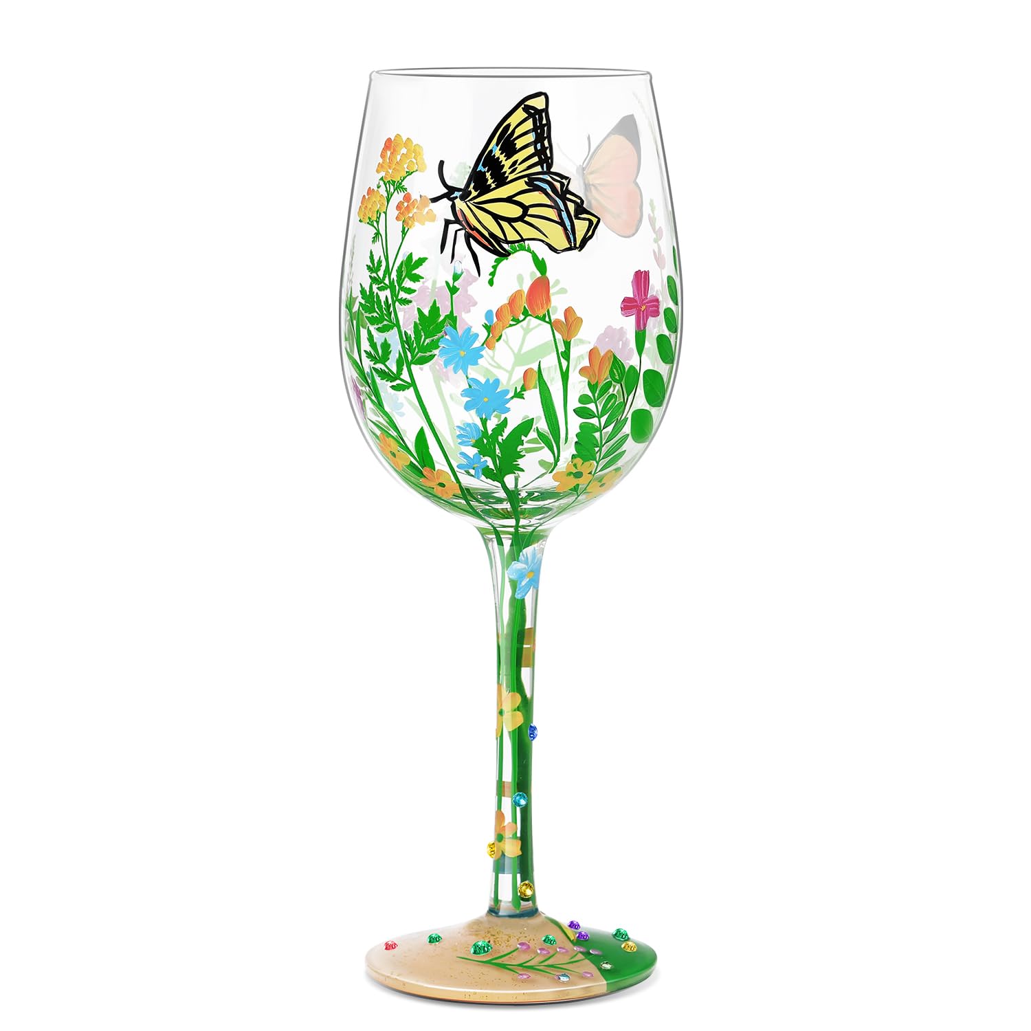 NymphFableNymphFable Hand-Painted Wine Glass Flowers Butterflies Artisan Painted Glass 15oz Gift for Family Friend Women