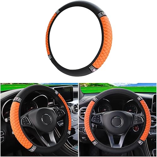 Miniatura 8 de Funda para volante, universal de piel sintética suave de 15 pulgadas con diamantes de imitación coloridos, protector elástico de volante con