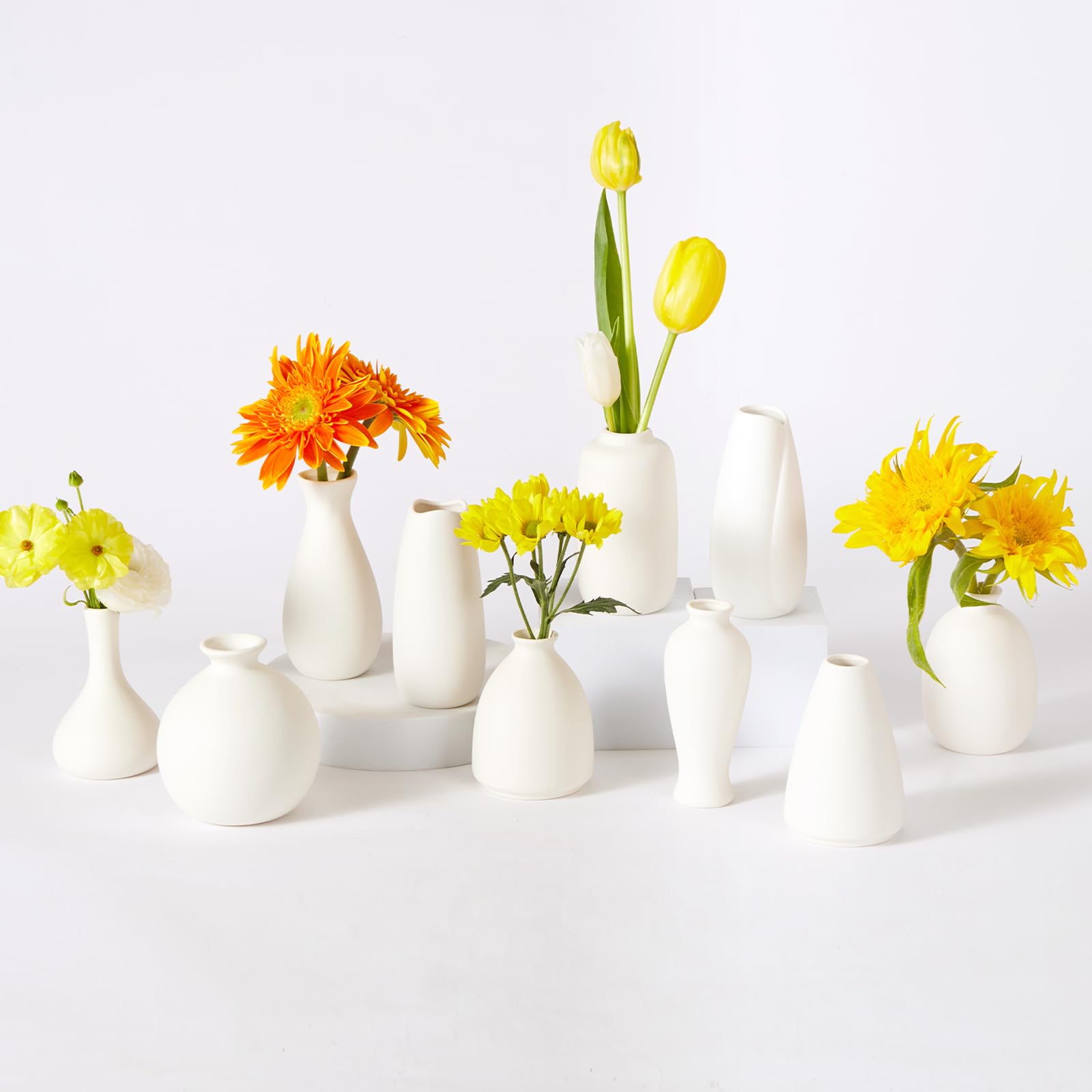 Photo 1 of 10pc Ceramic Bud Vases Set - 2-3 Inch White Small Vases Collection for Flowers | Boho & Modern Ceramic Vase Set for Table Décor, Wedding, Cute Vase Home Decor