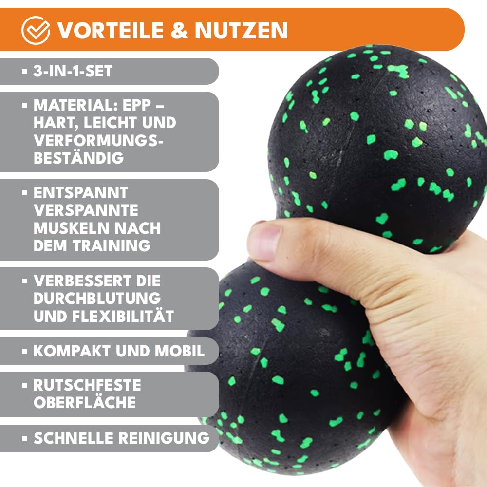 KRUMAD Set per massaggio fasciale – Roller, duoball e palla EPP, ideale per massaggi muscolari, schiena, colonna vertebrale e gambe, accessori per yoga, pilates e allenamento di mobilitazione