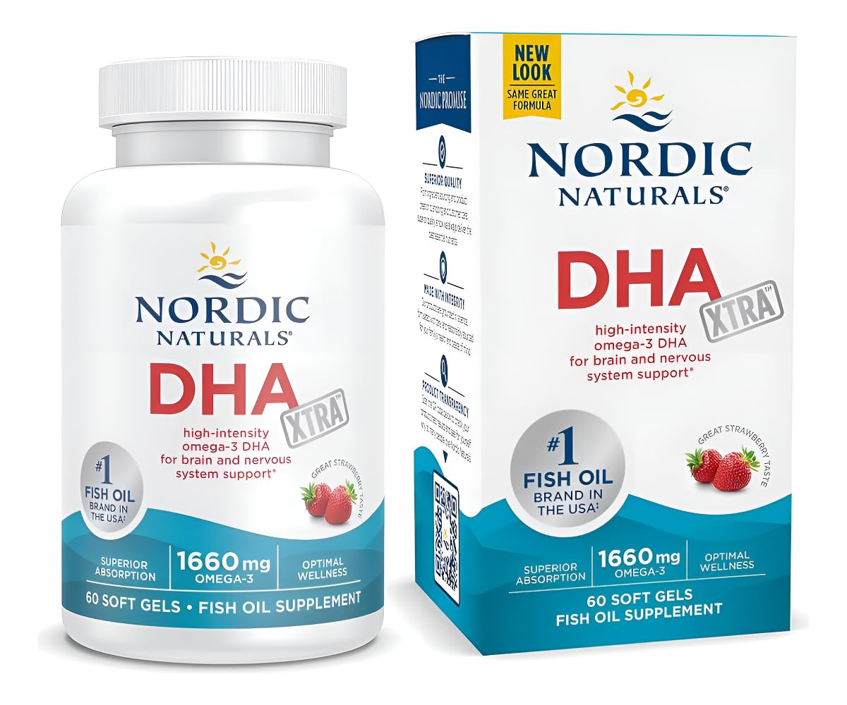 Nordic Naturals DHA Xtra | 1660 Mg Omega-3 Fish Oil | High-Intensity DHA Formula | EPA & DHA Supplement For Brain Health & Nervous System Support Strawberry Flavour Fish Oil 60 Softgels