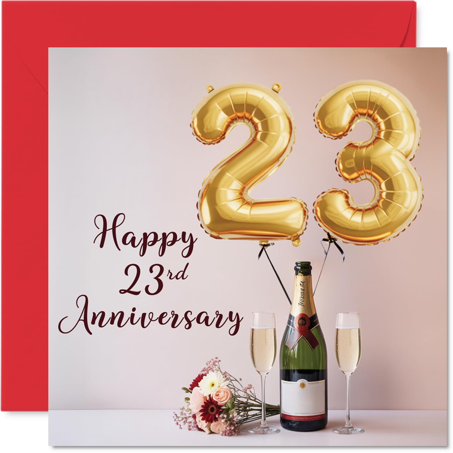 23rd Anniversary Card for Women and Men, Balloons & Bottle of Bubbly