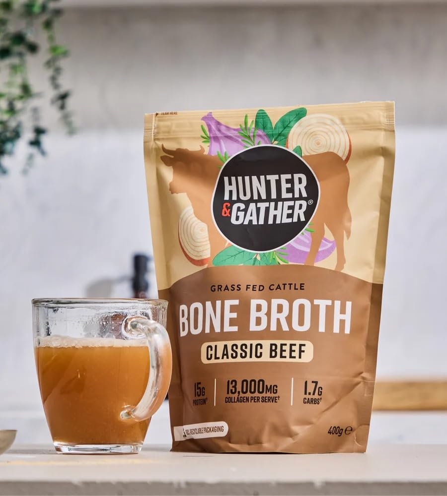 Hunter & Gather Brodo di Ossa di Manzo in Polvere 400g | 15g di Proteine & Collagene da Bovini Europei Nutriti a Erba | Istantaneo, Senza Glutine | Non Serve Refrigerazione | 74 kcal/porzione