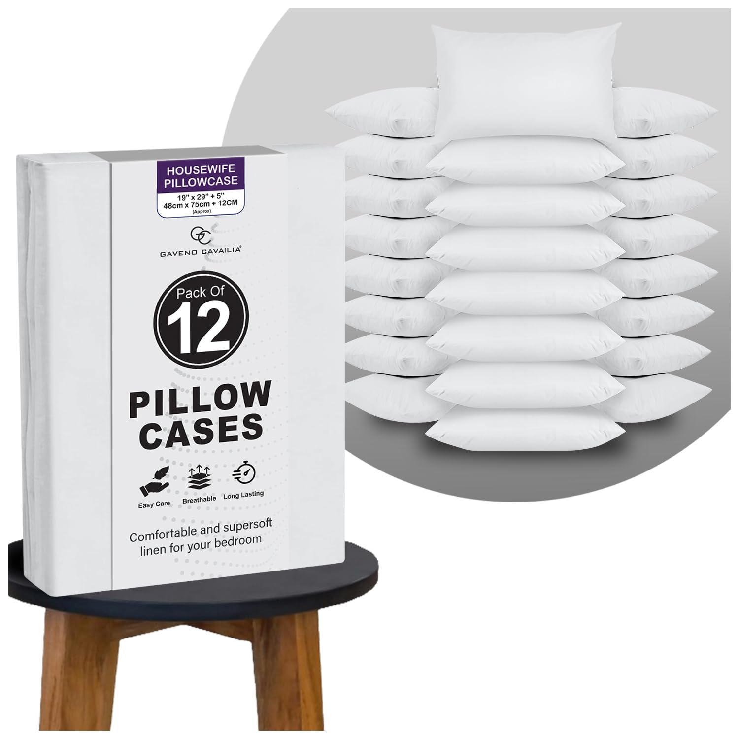 GC GAVENO CAVAILIA Plain White Pillow Cases 12 Pack | Breathable, Wrinkle, Soft Touch Polycotton Bedding Pillowcases | Hotel Quality Hypoallergenic Pillow Covers Envelope Closure 74x48 Cm