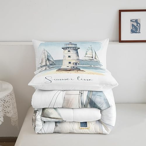 Miniatura 5 de Edredón náutico, velero, faro, acuarela, juegos de ropa de cama y colecciones con temática oceánica, edredón de plumón de playa de verano, tamaño