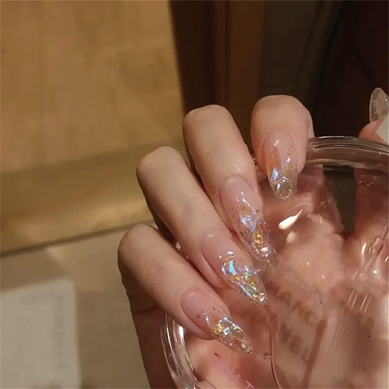 French False Nails, 24 Pieces False Nails, Medium Length, Transparent Almond Nails, Press On Nails, Full Cover Stick On Nails for Women Girls with Adhesive Stickers